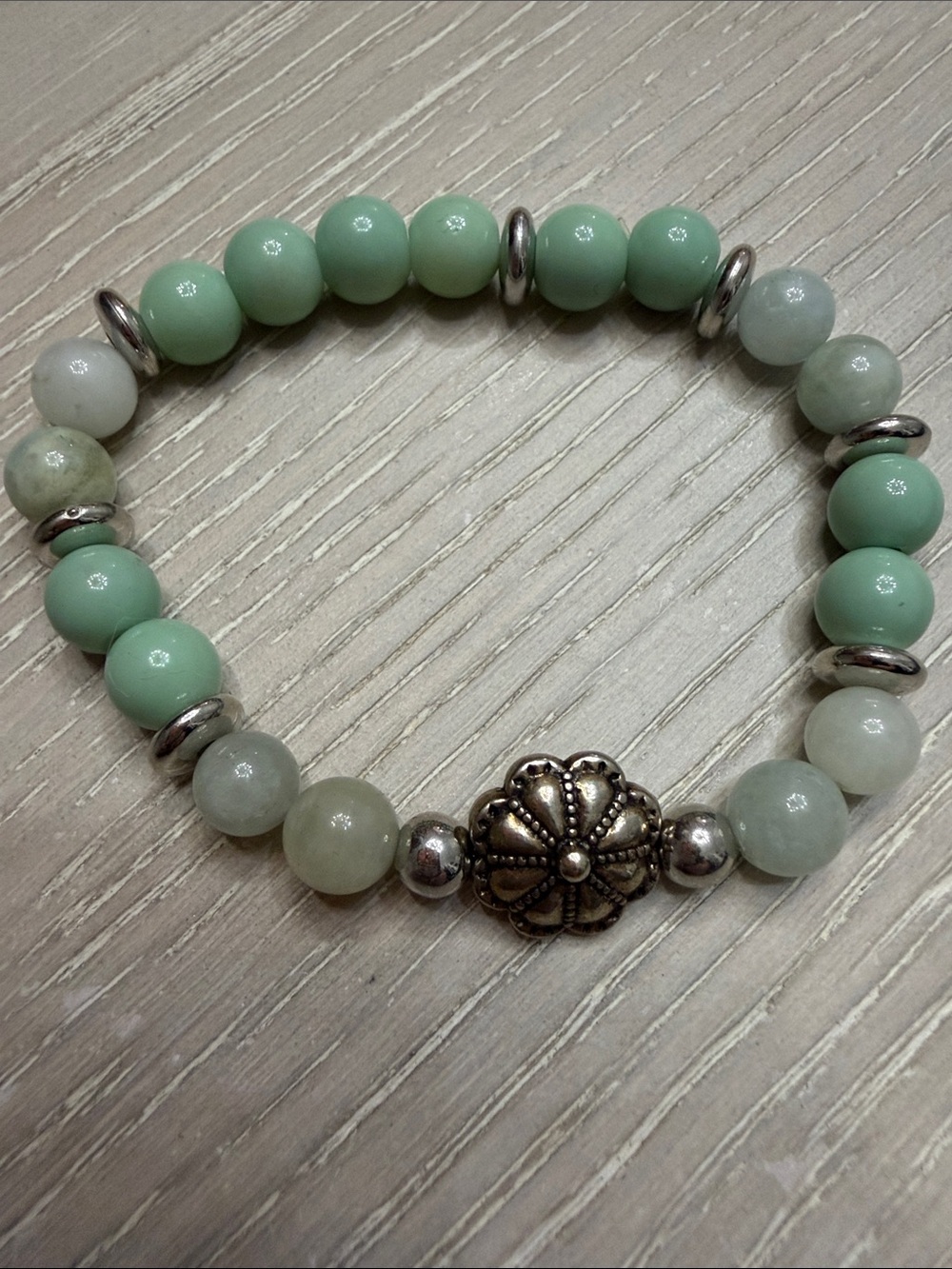 Beaded Green Jade Stretch Bracelet with Silver Accent
